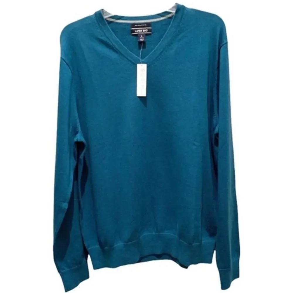 Lands' End Men's V-Neck Pullover Sweater Teal‎ Size L Lightweight - Picture 2 of 7